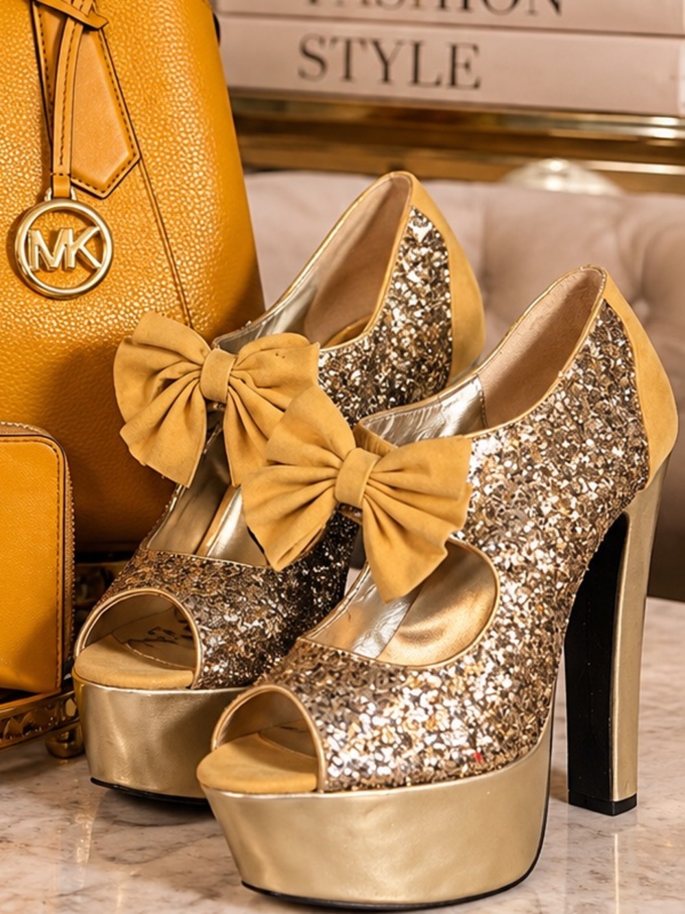 Wild Rose Glitter Peep-Toe Platform Bow Heels